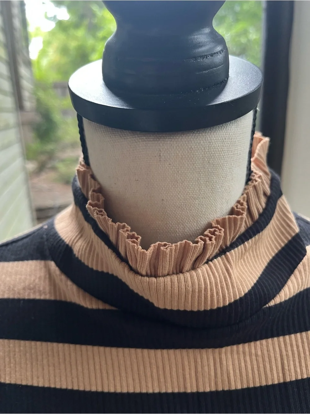 J. Crew Black & Tan Striped Ruffle Mock Neck Long-Sleeve Top